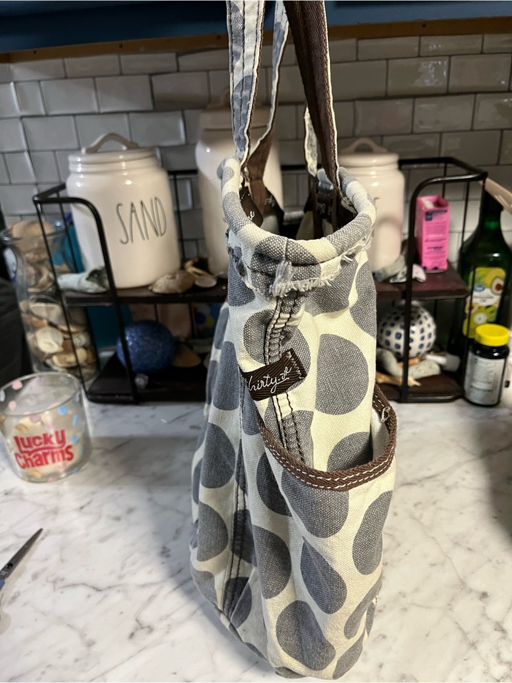 Thirty One Canvas Polka Dot Tote Bag with Embroidered initial C - Gray & Cream - Picture 5 of 6